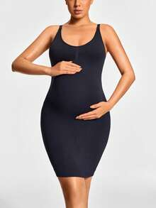 SHAPORA Pregnant Women's Solid Color Elastic Bodycon Shapewear Dress, Summer - Black - View 2
