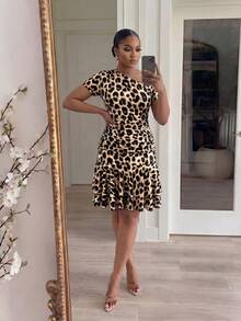 SHEIN Lady CURVE Plus Size Women's Leopard Print One Shoulder Ruched Fashion Elegant Sexy Dress Date Night Party Brown Summer - Multicolor - View 5