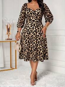 SHEIN Lady Plus Size Women's Leopard Print Fashion Date Evening Wedding Guest Holiday Cocktail Party Dress Beige Autumn Elegant Sexy - Multicolor - View 5
