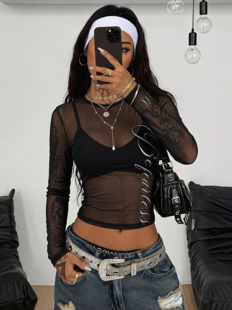 Coolane 女士春夏街头风Y2K网眼弹力舒适U领修身舒适银色字母印花朋克摇滚Y2K酷炫休闲街头风学院风2000年代风格图案黑色T恤 - 黑色 - 查看 1