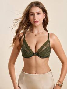 Hourtrue 1pc Women's Lace Wireless Bra - Army Green - View 4