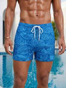 Manfinity Swimmode 2026新款春夏男士蓝色图案弹力腰带舒适休闲沙滩派对泳裤 - 藍色 - 查看 4
