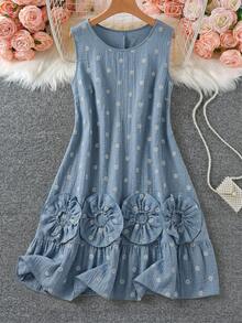 SHEIN LUNE 大尺碼女款度假風雛菊刺繡荷葉邊圓領洋裝 - 彩色 - 查看 1