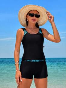 Swim Lushoire 女款夏季海灘熱帶印花拼接分體式比基尼套裝 - 黑色 - 查看 8