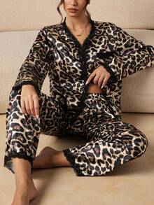 HautHeat Women's Leopard Print Lace Trim Top And Long Pants Pajama Set - Coffee Brown - View 4