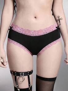 ROMWE Goth 純黑色牛奶棉拼接蕾絲飾邊單件女款內褲 - 淺粉色 - 查看 2