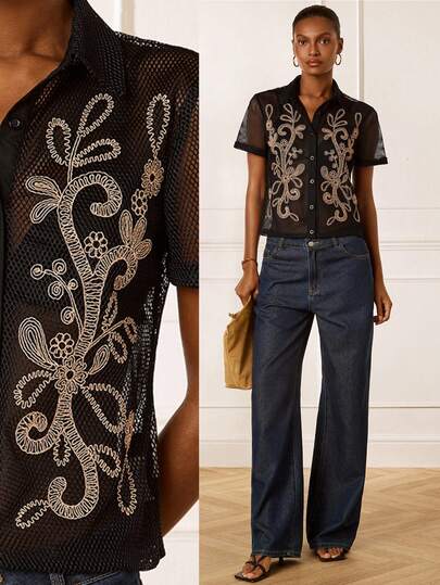 Lilora Camisa de mujer nueva con diseño calado, blusa elegante y versátil de moda, adecuada para ir al trabajo, salidas casuales, reuniones, citas, fiestas, tiempo libre, excursiones, vacaciones, verano, viajes de vacaciones