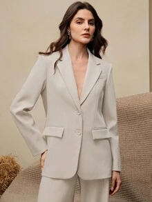 Anewsta Essential 女款老錢風美拉德色系套裝，西裝外套 + 直筒長褲 2件組，適合秋冬夏季、新年、派對、婚禮，優雅時髦時尚，聖誕正式場合 - 米色 - 查看 5