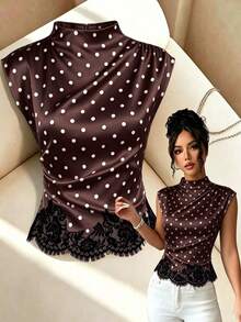 GlowEve Women's Black & White Stand Collar Asymmetric Ruffle Polka Dot Lace Splice Elegant Casual Commute Daily Wear Summer New Arrival Women's Blouse / Women's Top - Burgundy - View 7