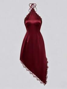 SHEIN PariChic 女款素色對比蕾絲不對稱下擺掛脖短洋裝 - 酒紅色 - 查看 3