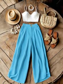 Franclia Women's Casual Vacation Sleeveless Camisole Top And Wide Leg Pants 2 Pieces Set - Blue - View 1