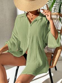 SHEIN Swim Women's Solid Color Single-Breasted Casual Daily Outing Kimono Shirt - Mint Green - View 6