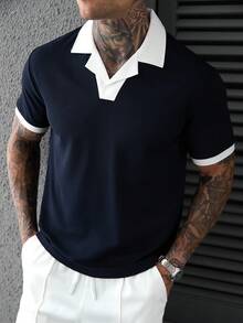 SLATEMANN Men's Summer Casual Colorblock Patchwork Polo Shirt - Navy Blue - View 3