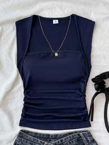 SHEIN Camisetas de niña preadolescente, camisetas de verano con pliegues laterales de color sólido, caja sorpresa [3 sets aleatorios, se envía 1 set] - Azul Marino - Ver 1