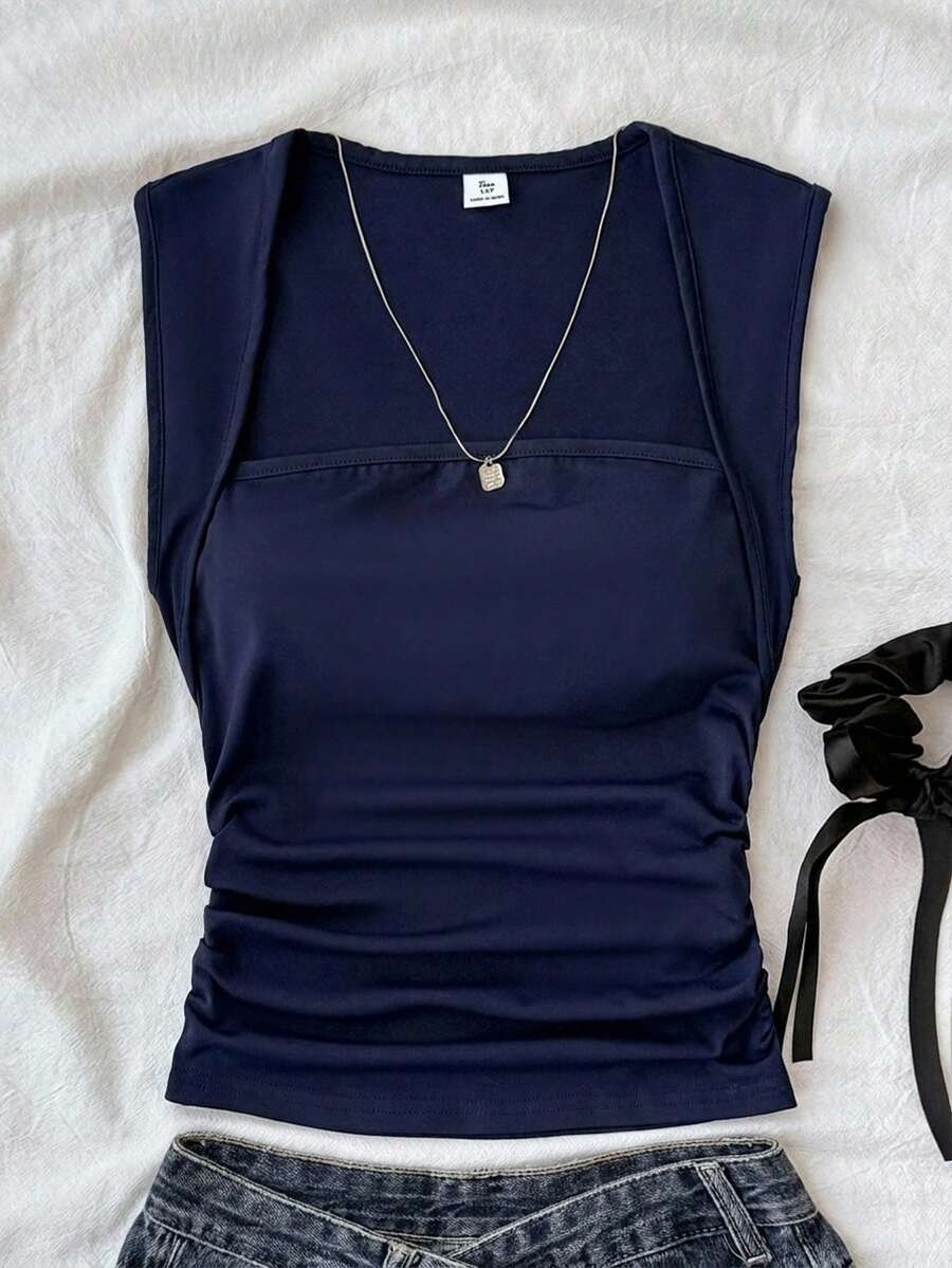 SHEIN Camisetas de niña preadolescente, camisetas de verano con pliegues laterales de color sólido, caja sorpresa [3 sets aleatorios, se envía 1 set] - Azul Marino - Ver 1