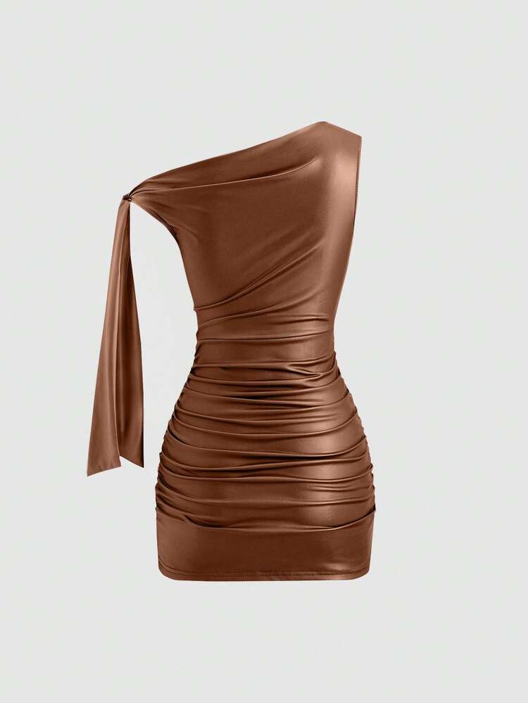 Sweetra New Fashion Burgundy Coated Stretch Fabric Asymmetric Neck Ruched Cinched Waist Women's Mini Dress With Side Pleat Details, Fitted For Club, Party, Evening, Cocktail, Commute And Daily Wear In Summer - Brown - View 2