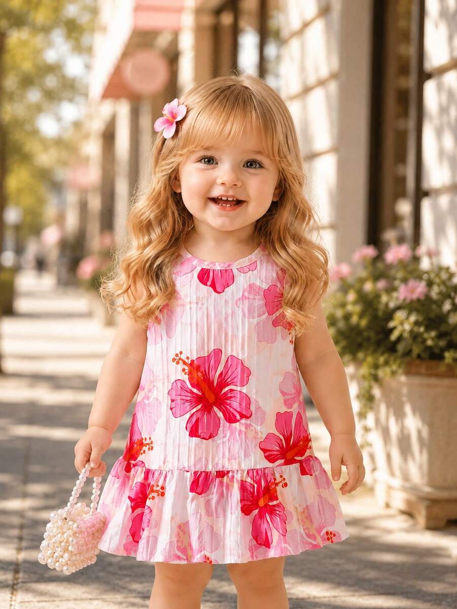 SHEIN Playful Pals 女嬰荷葉邊無袖背心花卉印花洋裝，簡約休閒夏季舒適百搭公主裙，適合外出或疊穿