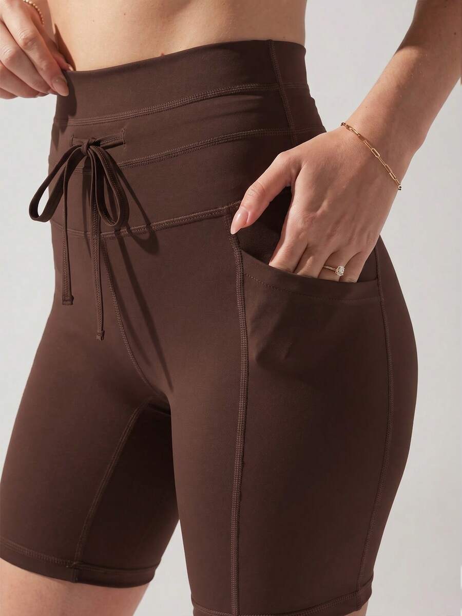 Lumalex Women's Solid Color High Waist Drawstring Design Fitted Pocket Sports Shorts - Brown - View 1