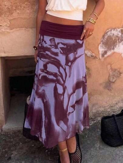 Aloruh Women's Vacation Floral Print Waist Pleated Fashion Skirt