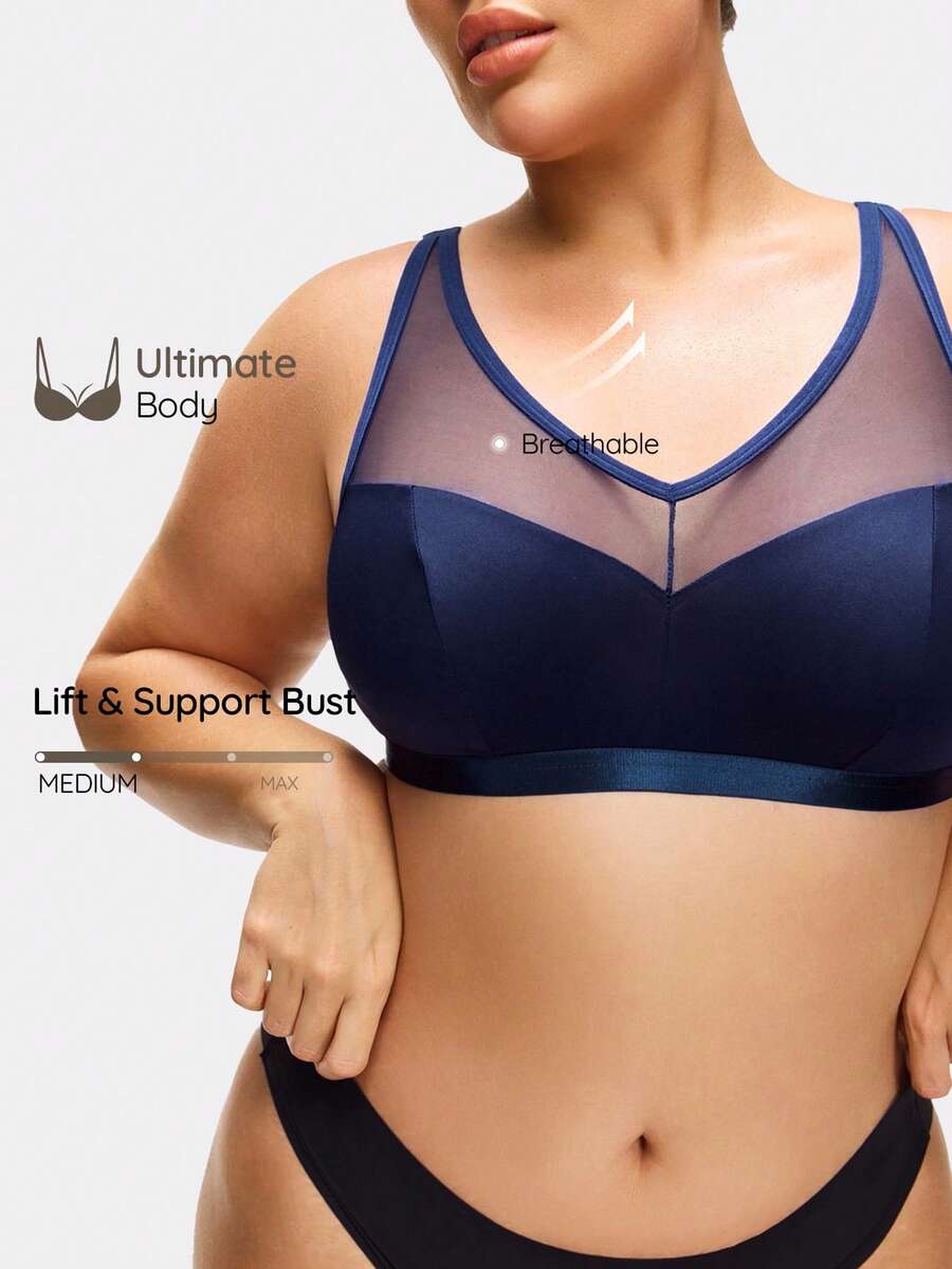 SHAPORA Sujetador estilo minimalista inalámbrico para curvas tallas grandes, color azul marino - Azul Marino - Ver 1