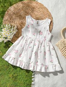 SHEIN Vintaside Kids 女嬰 3個月-3歲洋裝，1件休閒可愛日常風格秋季女童套裝，棕色蝴蝶結裝飾無袖澎澎洋裝 - 粉色 - 查看 6