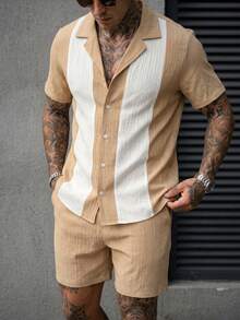 Manfinity CasualCool 男士休閒拼接撞色短袖襯衫與短褲套裝,夏季百搭時尚風格,適合居家或外出日常休閒穿著 - 彩色 - 查看 6