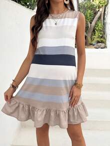 SHEIN Maternity Striped Round Neck Ruffle Hem Casual Sleeveless Dress - Grey - View 3