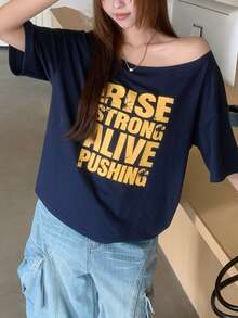K-Vae Women's Navy Blue Asymmetrical Shoulder Short Sleeve T-Shirt, Contrast Color Letter Print, Loose Fit Flattering Top Daytime Summer Street Wear - Navy Blue - View 6