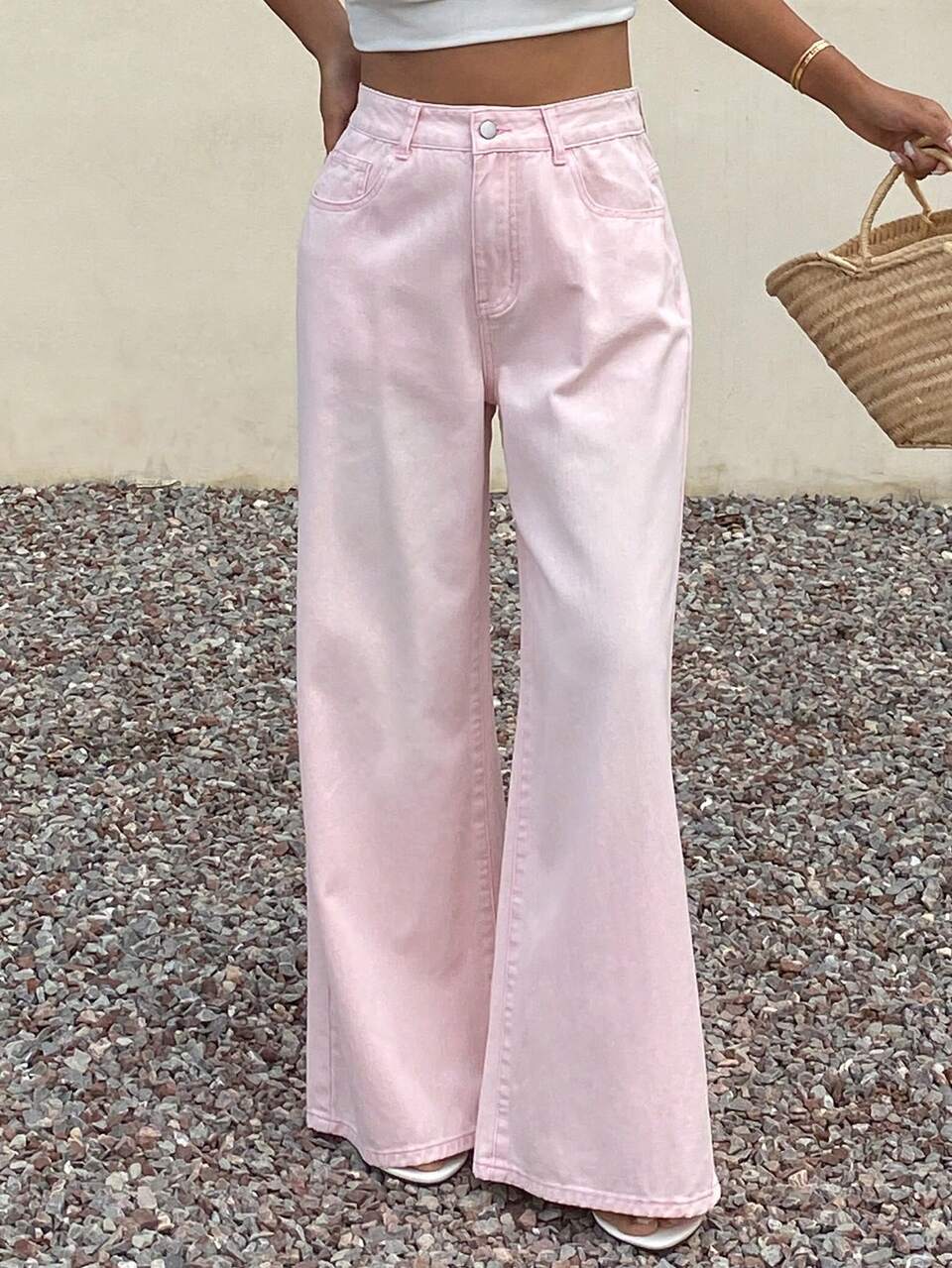 Women's Loose Pocket Flare Jeans, Casual Denim Pants, Vacation Style, Light Pink, Summer