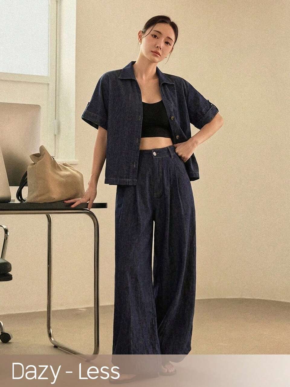 Women's Casual Button Front Short Sleeve Denim Jacket And Wide Leg Jeans Set, Spring/Summer Travel Navy Blue