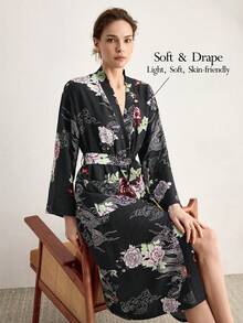 Ocili 优雅花卉龙纹印花柔软舒适中式休闲睡袍，女士睡衣 - 彩色 - 查看 1