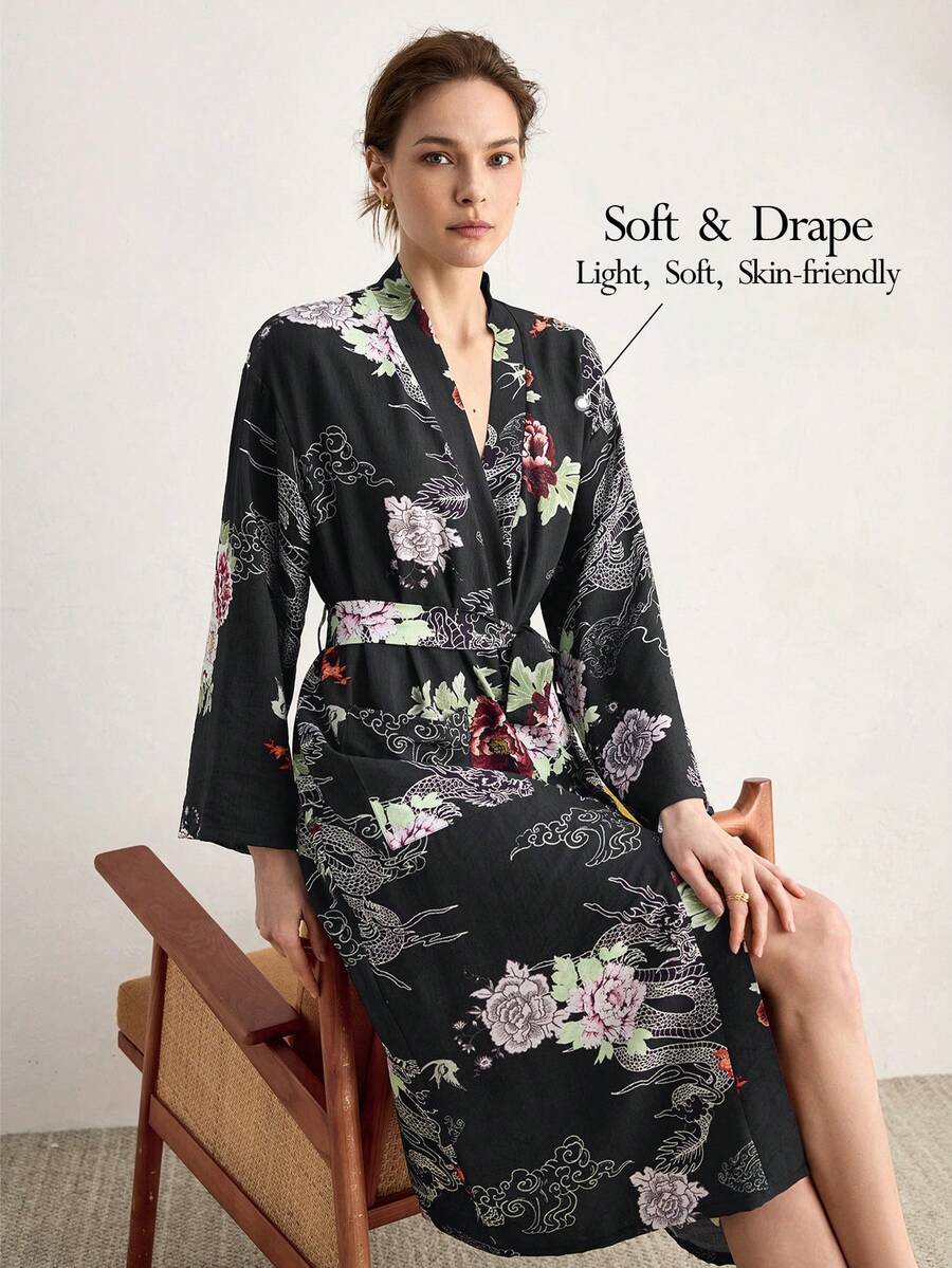 Ocili 优雅花卉龙纹印花柔软舒适中式休闲睡袍,女士睡衣 - 彩色 - 查看 1