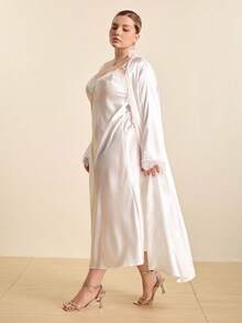 Hourtrue Plus Size White Satin Robe Set, Women Lace Trim Long Kimono Robe And Nightgown 2 Pieces Silk Like Loungewear - White - View 7
