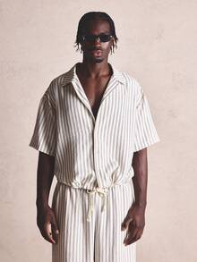 Musero Linen Boxy Oversized Striped Seam Button Up Shirt Spring Summer Essentials Co-Ord Shirt Only - Black and White - View 2