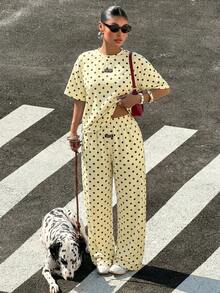 Muchica Women's Casual Black Polka Dot Pattern Loose T-Shirt And Long Pants Set, Suitable For Outings, Street Style, Y2K Style Clothing, Suitable For Spring And Summer, Wide Leg Pants Set - Light Yellow - View 3