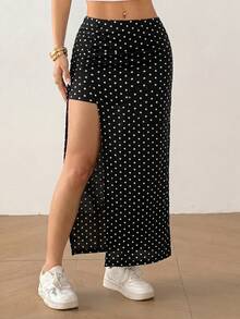 SHEIN EZwear Women's Beach Vacation Polka Dot Print High Slit Skirt, Spring/Summer - Black - View 7