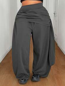 Maweii Plus Size Women's Solid Color Pleated Wide Leg Loose Casual Long Pants For Vacation Fall - Grey - View 3