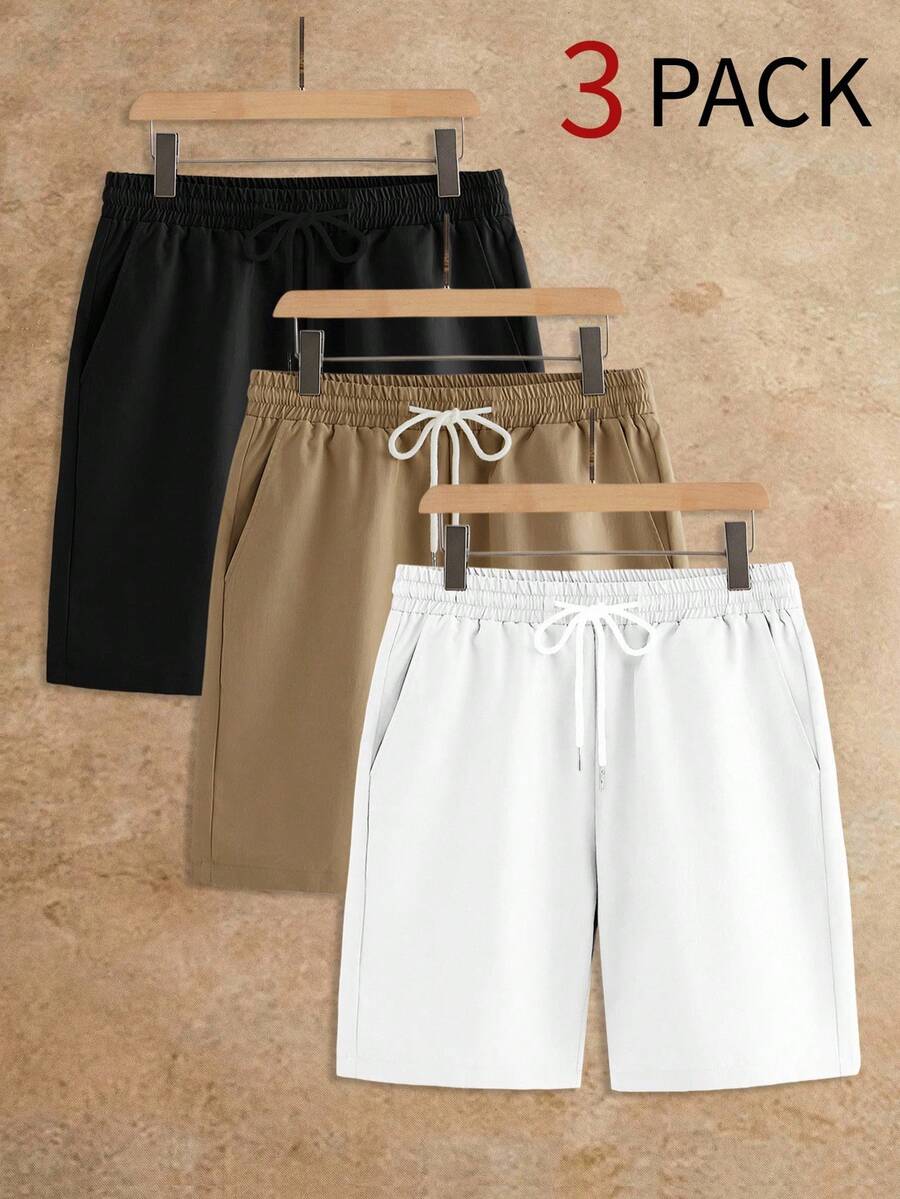 HIMLAND Men's 3pcs Summer Casual Vacation Daily Commute Minimalist Versatile Solid Color Drawstring Waist Side Pocket Shorts, Father's Day Gifts, Football - Multicolor - View 1