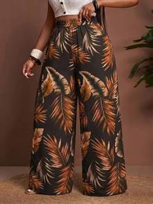 Slaydiva Plus Size Vacation Casual Boho Botanical Print Wide Leg Pants Beach Gym Brown Autumn Fall - Multicolor - View 6