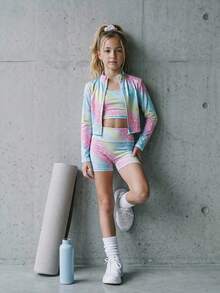 SHEIN 青少年女孩長袖立領前開拉鍊T恤背心騎行內搭褲3件組運動套裝 - 彩色 - 查看 2