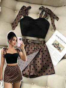 SHEIN Franclia 女款圓點印花肩結細肩帶上衣與裙褲兩件套 - 棕色 - 查看 1