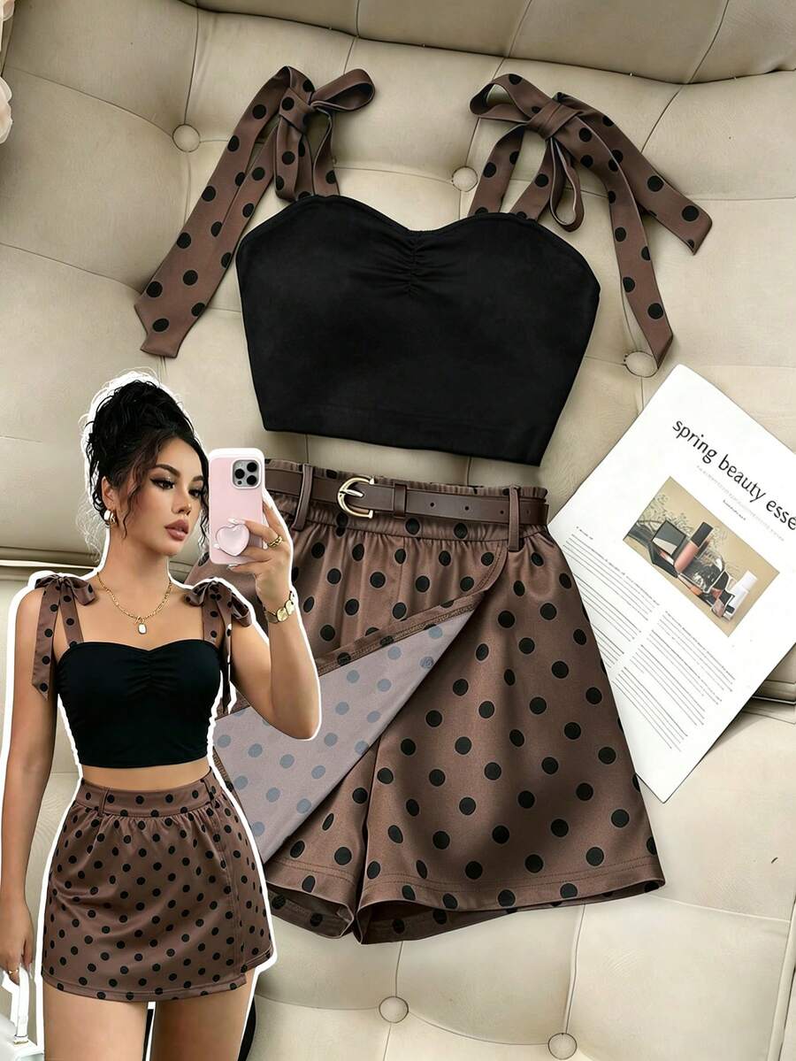 SHEIN Franclia 女款圓點印花肩結細肩帶上衣與裙褲兩件套 - 棕色 - 查看 1