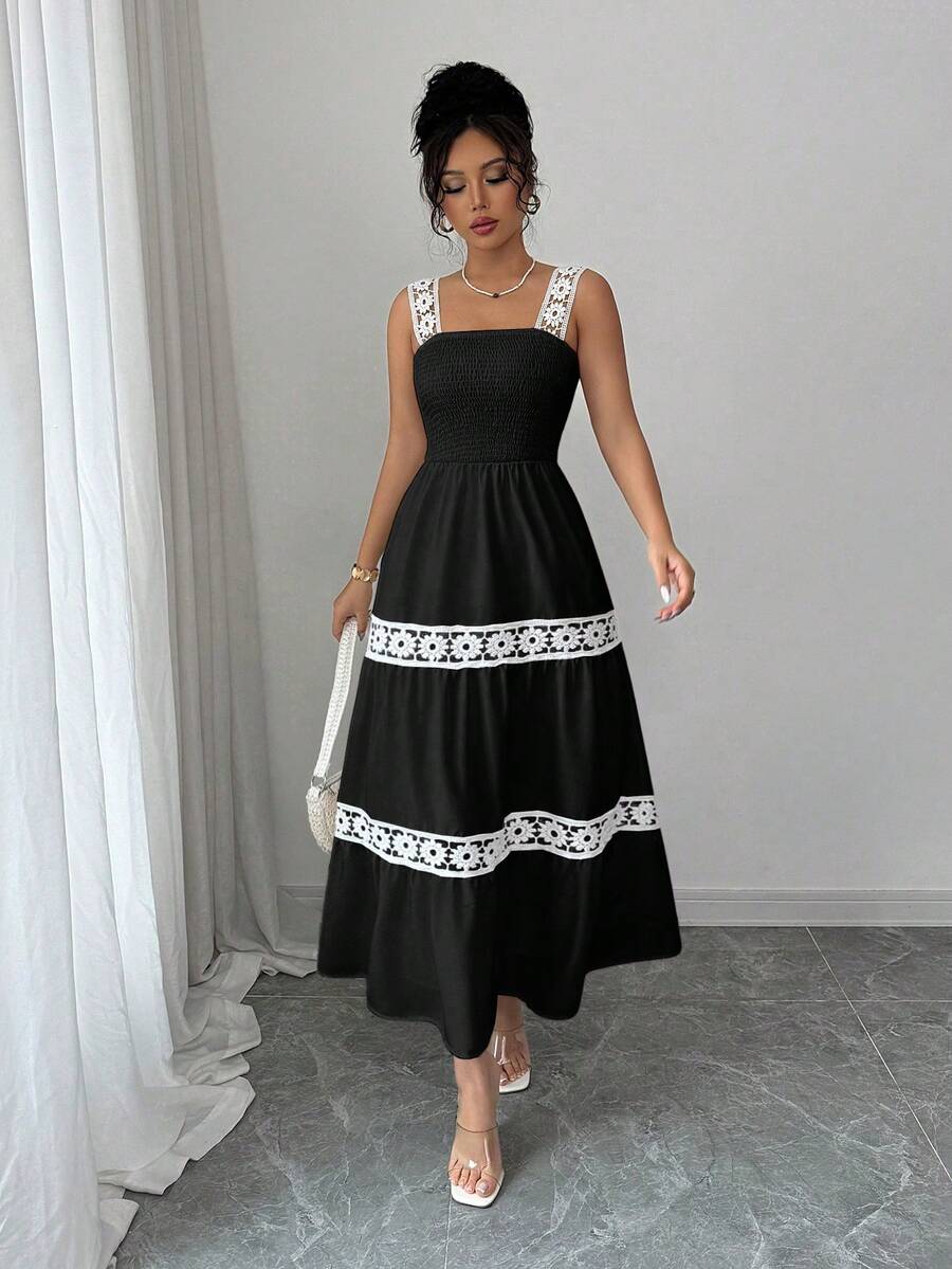 Elenzga Women's Casual Vacation Lace Patchwork Ruffle Hem Lace Strap Dress - Black - View 1