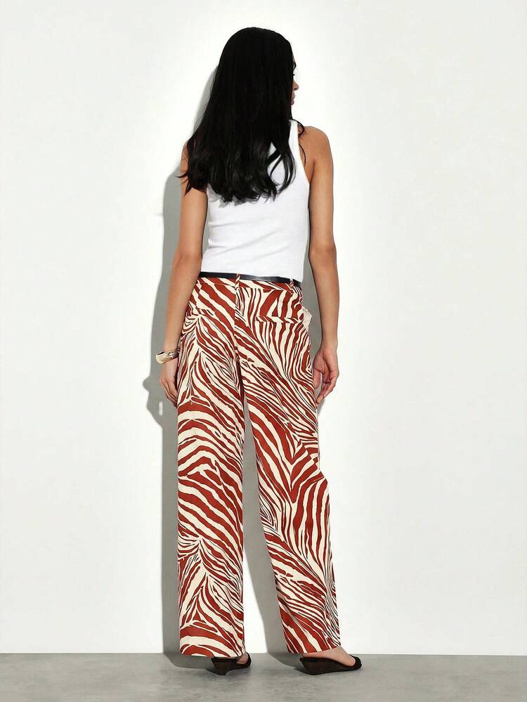 KSTM Wide Leg Zebra Print Palazzo Pants With Belt Loops High Waist Flared Trousers Spring Summer