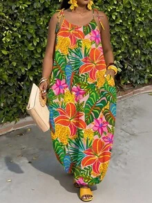 Slaydiva Casual Tropical Rainforest Leaf Print Plus Size Women's Apricot Camisole Jumpsuit Suitable For Spring And Summer - Multicolor - View 1
