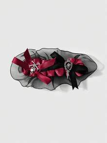 ROMWE Anime 1件Y2K甜酷辣妹暗黑風哥德黑紅「AB雙面卡」滴落骷髏魔鏡網格蝴蝶結髮夾彈簧夾馬尾夾＋古銀色愛心鬼臉蛾皇冠十字劍手工複雜多層蝴蝶結網格褶皺蕾絲透明滑蓋卡套DIY鑰匙圈包掛件組合套裝，適合上班族、學生、派對、追星、日常穿搭、節日禮物 - 黑紅色-22 - 查看 13