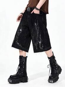ROMWE MEN Street Life Men's Rhinestone Embellished Relaxed Straight Leg Cropped Jeans, Versatile - Black - View 5