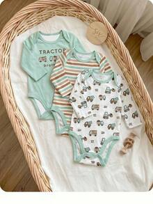SHEIN Conjunto de 3 piezas de mameluco de manga larga con patrón de dibujos animados de punto casual y lindo para bebé recién nacida, ropa de casa - Verde - Ver 5