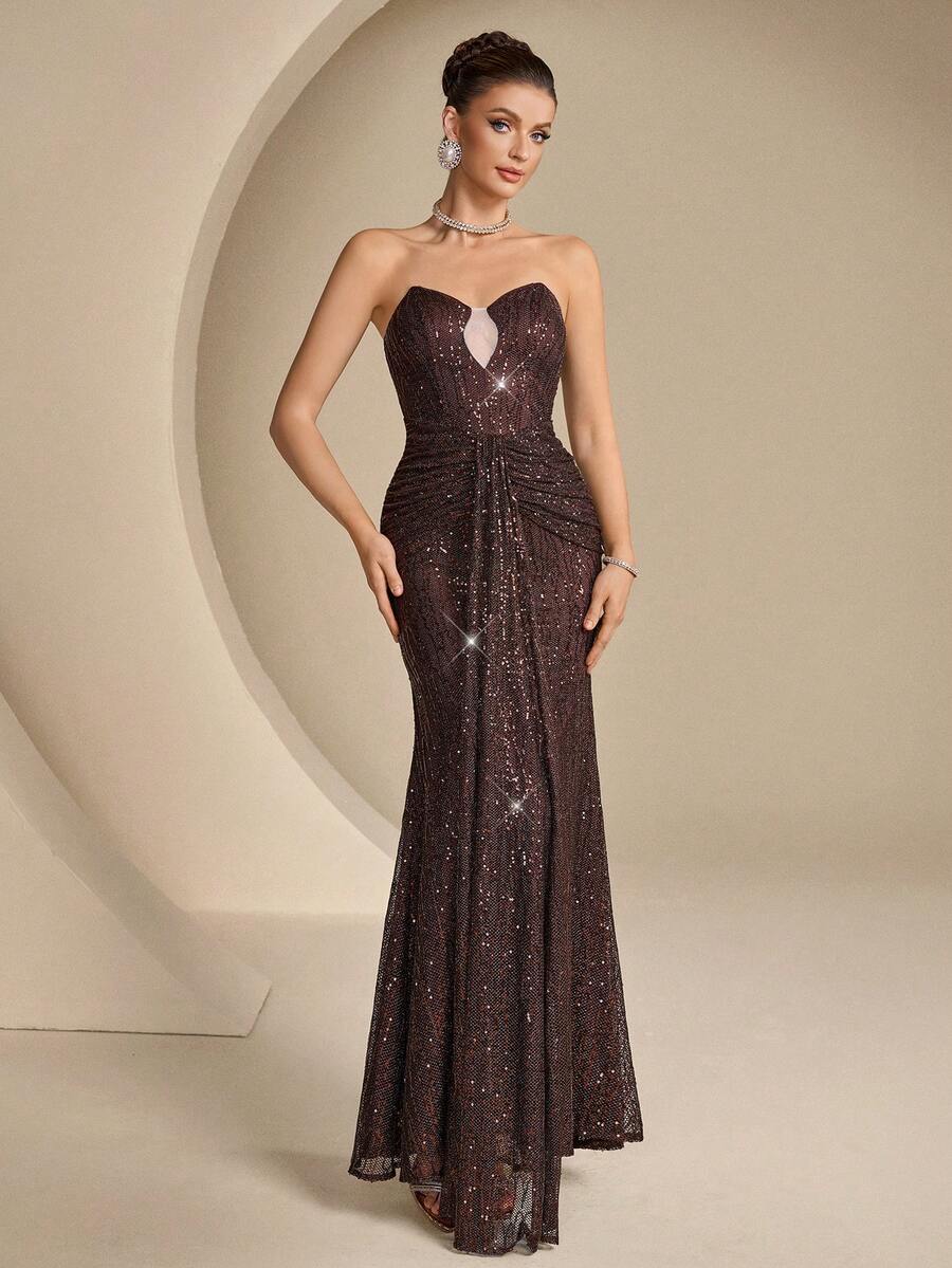 Coutiva Women's Elegant Sequin Pleated Mermaid Formal Evening Gown,Heavily Embellished Strapless Bodycon Party Dress,Luxury High-End Wedding Graduation Dress - Brown - View 1