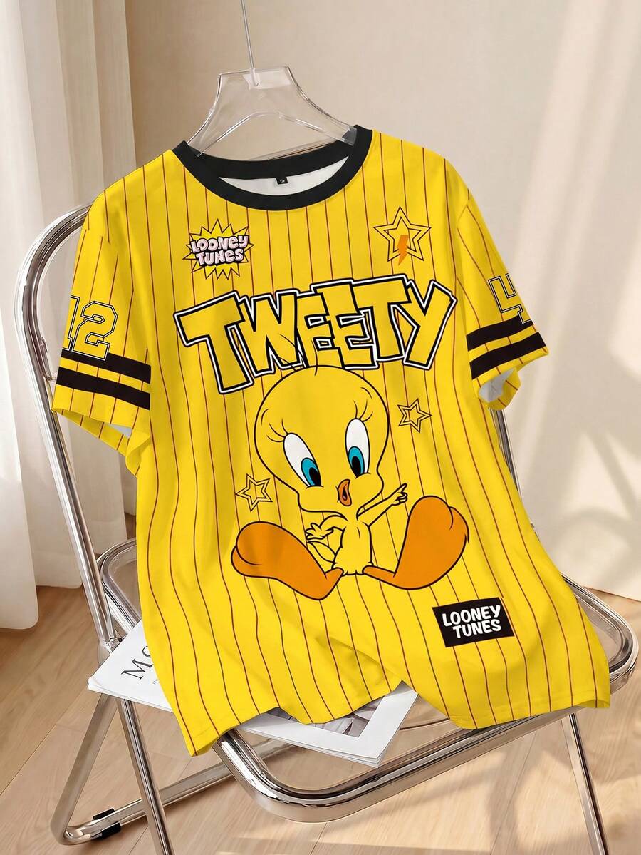 LOONEY TUNES X SHEIN 大码夏季休闲条纹卡通图案圆领短袖T恤 - 白色 - 查看 1